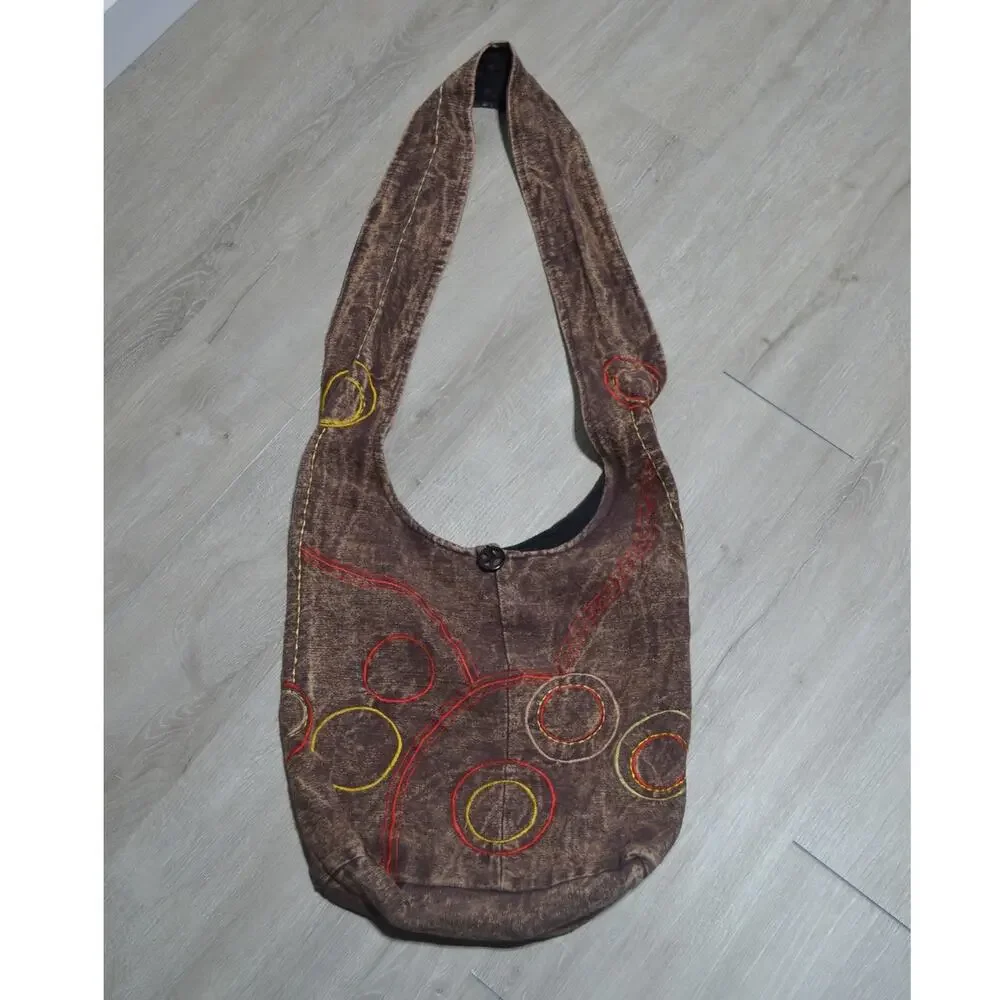 Earth Diva Brown with Embroidery Hobo Crossbody Bag